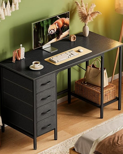 47 Inch Computer Desk with 4 Drawers, Office Desk with Mesh Shelf, Gaming Desk, Large Storage, Writing Desk Work Desk for Home Office, Study, Bedroom, Work from Home, Black - LeafyLoom