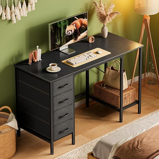 47 Inch Computer Desk with 4 Drawers, Office Desk with Mesh Shelf, Gaming Desk, Large Storage, Writing Desk Work Desk for Home Office, Study, Bedroom, Work from Home, Black - LeafyLoom