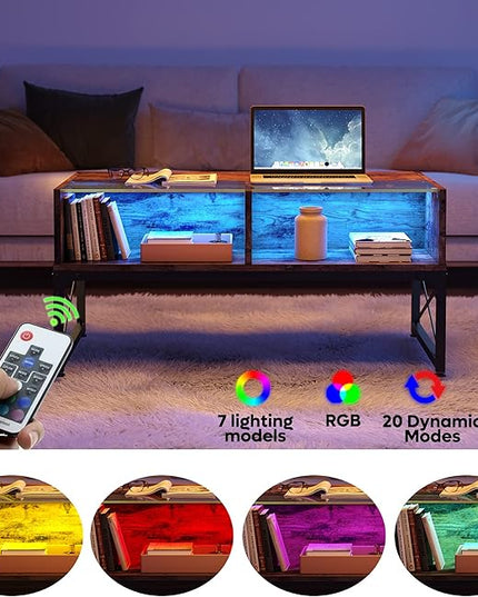 Bestier LED Coffee Tables for Living Room, 42 Inch Wood Center Table with Glass Top for Game Night. Rustic Brown - LeafyLoom