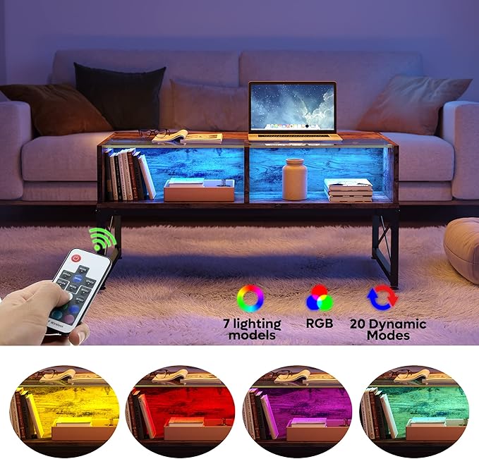 Bestier LED Coffee Tables for Living Room, 42 Inch Wood Center Table with Glass Top for Game Night. Rustic Brown - LeafyLoom