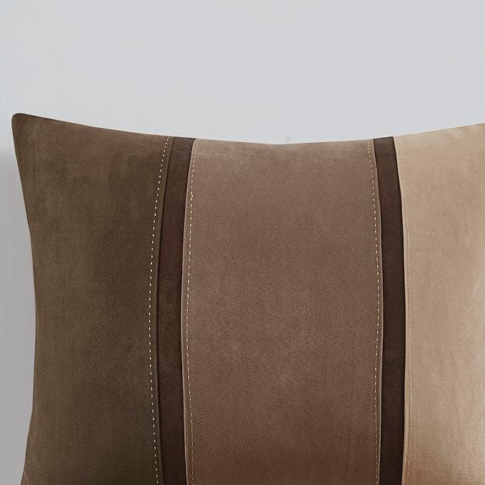 Madison Park Palisades Comforter Set Modern Faux Suede Pieced Stripe Design, All Season Down Alternative Cozy Bedding with Matching Shams, Decorative Pillows, Queen(90"x90"), Brown 7 Piece - LeafyLoom