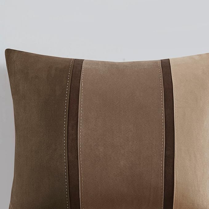 Madison Park Palisades Comforter Set Modern Faux Suede Pieced Stripe Design, All Season Down Alternative Cozy Bedding with Matching Shams, Decorative Pillows, Cal King(104"x92"), Brown 7 Piece - LeafyLoom