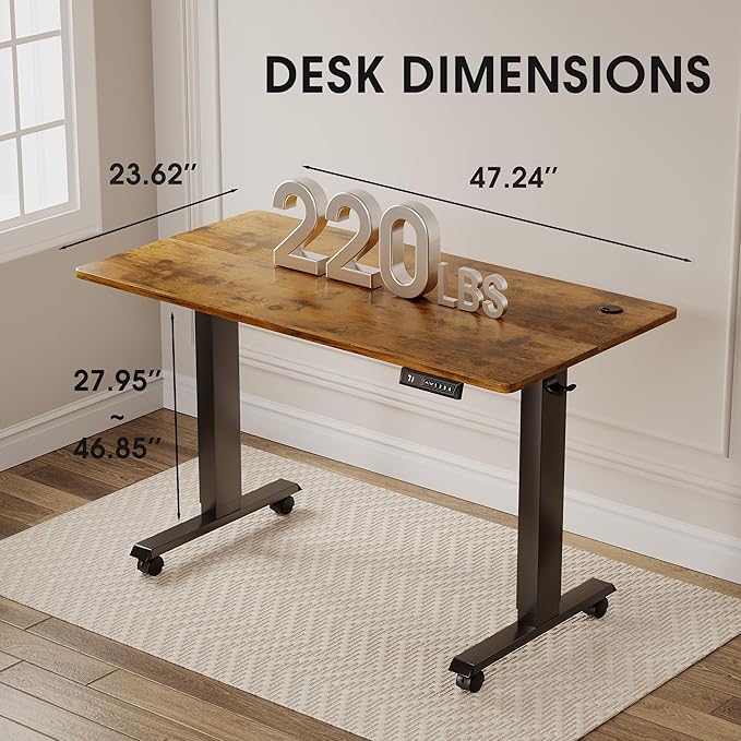 Electric Standing Desk 48 Inch, Ergonomic Height Adjustable Table with T-Shaped Metal Bracket Modern Computer Workstations for Home Office, Rustic Brown - LeafyLoom