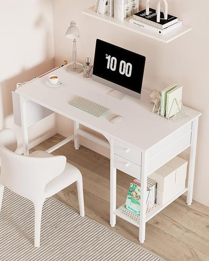 Lufeiya White Small Desk with Drawers - 40 Inch Computer Desk for Small Space Home Office, Modern Simple Study Writing Table PC Desks - LeafyLoom