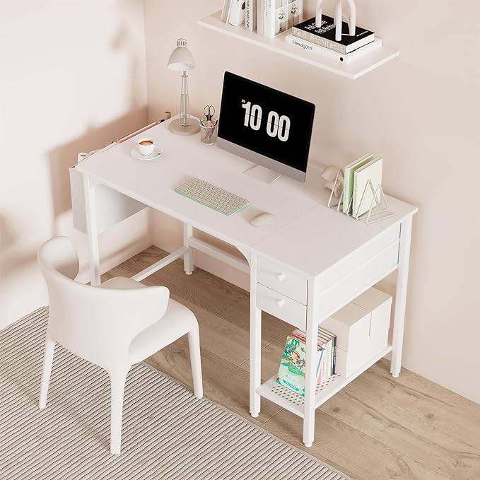 Lufeiya White Small Desk with Drawers - 40 Inch Computer Desk for Small Space Home Office, Modern Simple Study Writing Table PC Desks - LeafyLoom