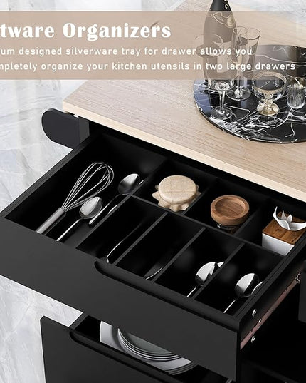 53Inch Kitchen Island Table with8 Handle-Free Drawers & Storage, Kitchen-Cart on Locking Wheels w/Rubber Wood Countertop, for Dinning Room, Coffee Bar - LeafyLoom
