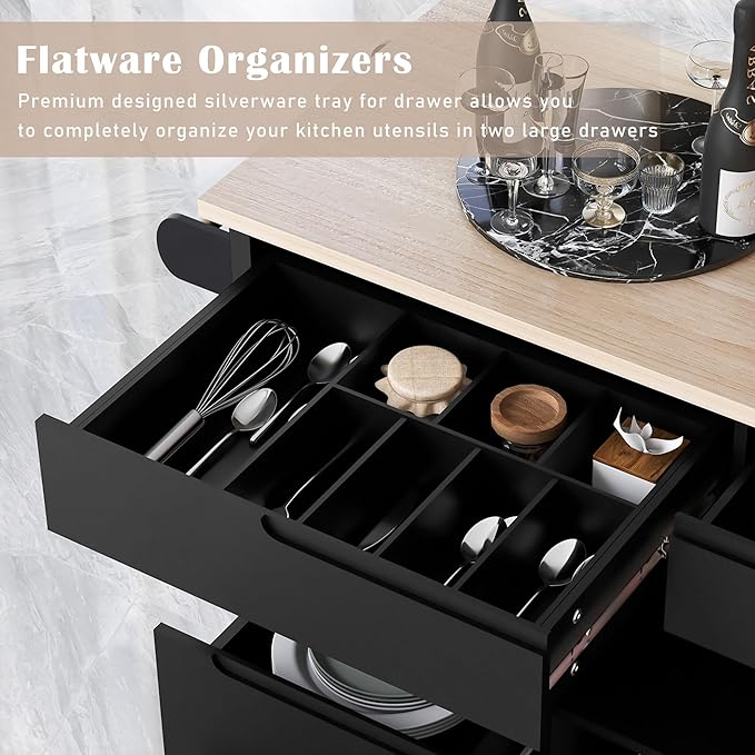 53Inch Kitchen Island Table with8 Handle-Free Drawers & Storage, Kitchen-Cart on Locking Wheels w/Rubber Wood Countertop, for Dinning Room, Coffee Bar - LeafyLoom