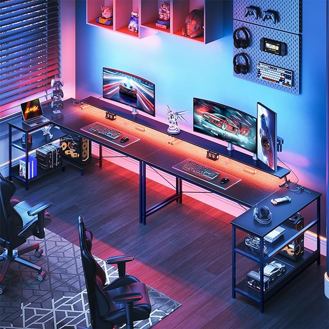 ODK 66 Inch Gaming Desk with USB Charging Ports and LED Lights, Reversible L Shaped Computer Desk with Storage Shelves & Monitor Stand, Corner Gamer Desk Table with Power Outlets, Black - LeafyLoom