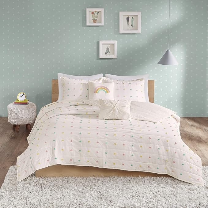Quilt Set Cotton Jacquard Weave Colorful Poms Accent All Season Shabby Chic Bedding Coverlet Bedspred, Girls Bedroom Décor, Full Queen, Multi 5 Piece - LeafyLoom