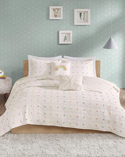 Quilt Set Cotton Jacquard Weave Colorful Poms Accent All Season Shabby Chic Bedding Coverlet Bedspred, Girls Bedroom Décor, Twin, Multi 4 Piece XL - LeafyLoom