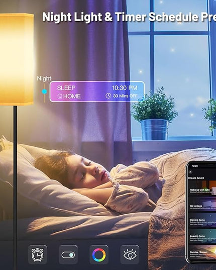 Smart RGB Floor Lamp for Living Room, Bedroom, Modern LED Standing Tall Lamp, WiFi Music Smart Corner Lamp with Remote Control, Dimmable, Compatible with Alexa and Google Home (2 lampshades) - LeafyLoom