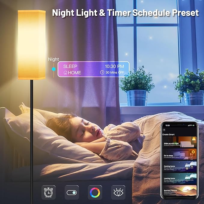 Smart RGB Floor Lamp for Living Room, Bedroom, Modern LED Standing Tall Lamp, WiFi Music Smart Corner Lamp with Remote Control, Dimmable, Compatible with Alexa and Google Home (2 lampshades) - LeafyLoom