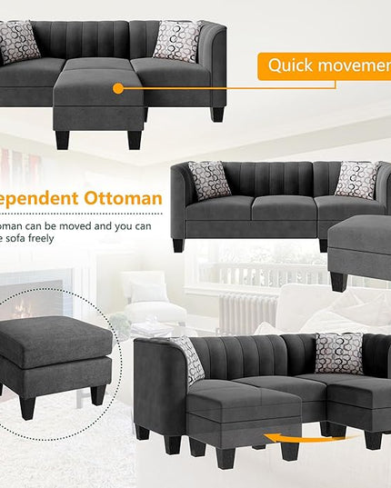 Shintenchi Upgraded Convertible Sectional Sofa Couch, 3 Seat L Shaped Sofa with High Armrest Linen Mid Century Fabric Small Couch for Living Room, Apartment and Office (Charcoal) - LeafyLoom