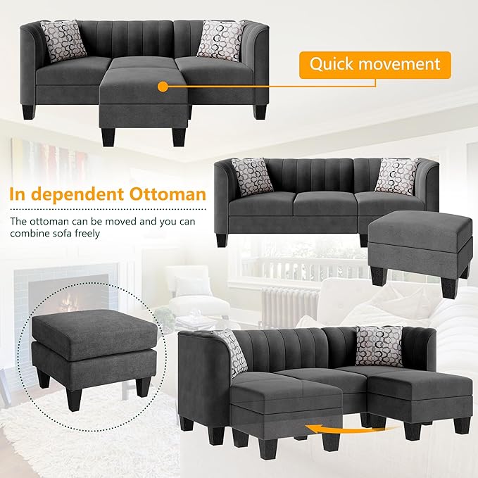 Shintenchi Upgraded Convertible Sectional Sofa Couch, 3 Seat L Shaped Sofa with High Armrest Linen Mid Century Fabric Small Couch for Living Room, Apartment and Office (Charcoal) - LeafyLoom