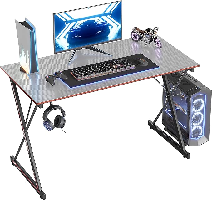 CubiCubi Gaming Desk 47 Inch PC Computer Desk, Carbon Fiber Home Office Desk Table Gamer Workstation, Simple Game Table with Headphone Hook, Gray - LeafyLoom