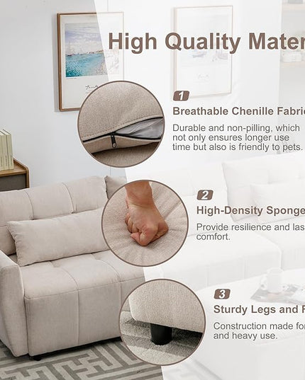 113.3" L-Shaped Sectional 3-Seat Sofa, Convertiblet Chenille Upholstered Couch with Movable Ottoman and two USB Ports for Apartment, Living Room, Bedroom, 113.3 Inch, Beige - LeafyLoom