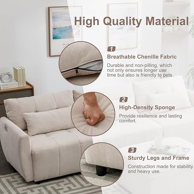 113.3" L-Shaped Sectional 3-Seat Sofa, Convertiblet Chenille Upholstered Couch with Movable Ottoman and two USB Ports for Apartment, Living Room, Bedroom, 113.3 Inch, Beige - LeafyLoom