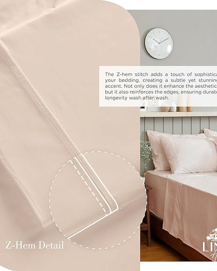 100% Cotton Percale Sheets California King Size, Sand Shell, Deep Pocket, 4 Pieces Sheet Set - 1 Flat, 1 Deep Pocket Fitted Sheet and 2 Pillowcases, Crisp Cool and Strong Bed Linen - LeafyLoom