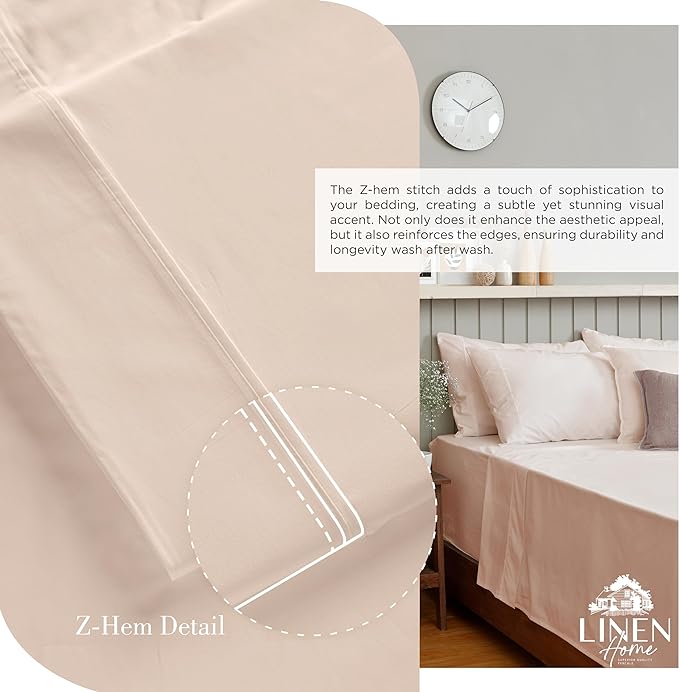 100% Cotton Percale Sheets California King Size, Sand Shell, Deep Pocket, 4 Pieces Sheet Set - 1 Flat, 1 Deep Pocket Fitted Sheet and 2 Pillowcases, Crisp Cool and Strong Bed Linen - LeafyLoom