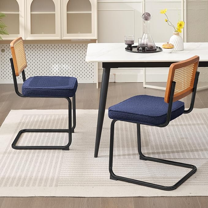 Rattan Dining Chairs Set of 2, Mid Century Modern Sherpa Dining Room Kitchen Chairs with Cane Back, Metal Chrome Legs, Upholstered Wicker Armless Accent Chairs, Blue - LeafyLoom