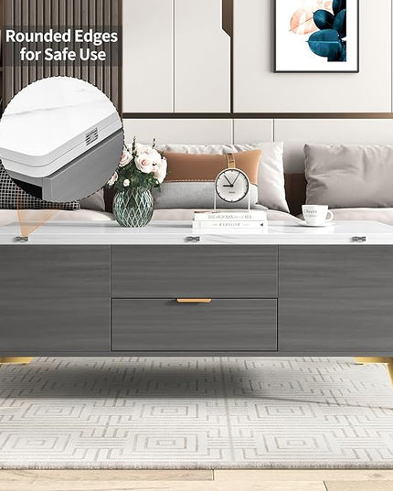 47 Inch Lift Top Coffee Table with 4 Drawers, Modern Center Table with Extendable Tabletop and Open Shelf, Multi Functional Coffee Table for Living Room, White+Grey - LeafyLoom
