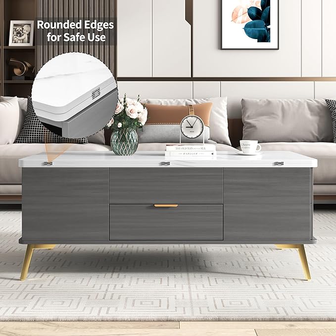 47 Inch Lift Top Coffee Table with 4 Drawers, Modern Center Table with Extendable Tabletop and Open Shelf, Multi Functional Coffee Table for Living Room, White+Grey - LeafyLoom