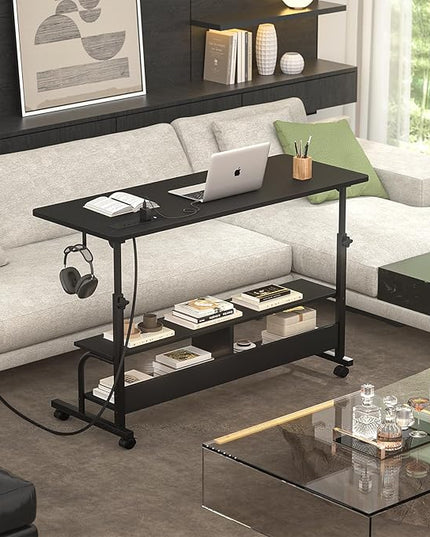 Height Adjustable Standing Desk with Power Outlets, 47" Manual Stand Up Desk with Storage Shelves Small Mobile Rolling Computer Desk Portable Laptop Table with Wheels for Home Office, Black - LeafyLoom