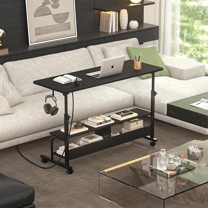 Height Adjustable Standing Desk with Power Outlets, 47" Manual Stand Up Desk with Storage Shelves Small Mobile Rolling Computer Desk Portable Laptop Table with Wheels for Home Office, Black - LeafyLoom