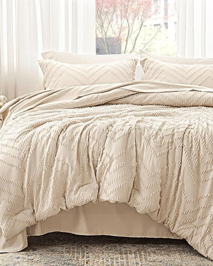 Anluoer Queen Comforter Set, Beige Tufted Bed in a Bag 7 Pieces with comforters and sheets, All Season Bedding Sets with 1 Comforter, 2 PillowShams, 2 Pillowcases, 1 Flat Sheet, 1 Fitted Sheet - LeafyLoom