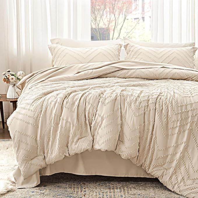 Anluoer Queen Comforter Set, Beige Tufted Bed in a Bag 7 Pieces with comforters and sheets, All Season Bedding Sets with 1 Comforter, 2 PillowShams, 2 Pillowcases, 1 Flat Sheet, 1 Fitted Sheet - LeafyLoom