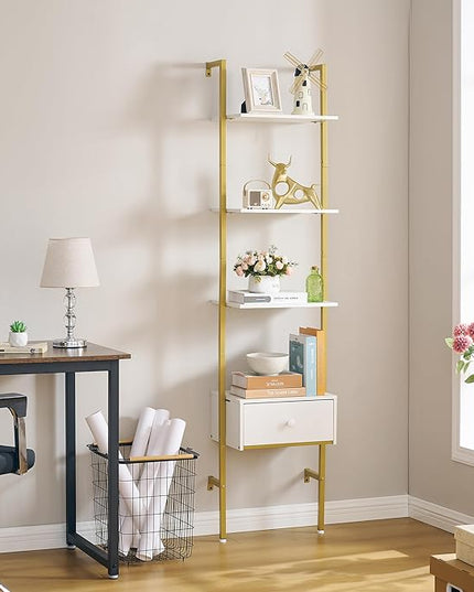 Tajsoon Ladder Shelf, Tall Bookcase with Storage Drawers, 4-Tier Wood Wall Mounted Bookshelf, Open Display Rack, Storage Shelves for Bedroom, Home Office, Collection, Plant Flower, Gold & White - LeafyLoom