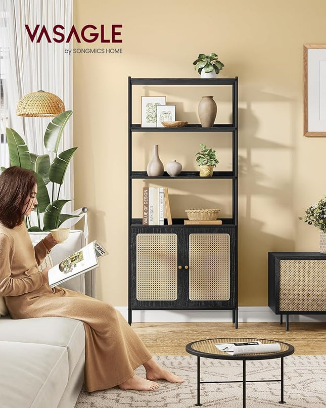 VASAGLE 6-Tier Bookcase, Bookshelf with Rattan-Like Door, Boho Style, Freestanding 30.1-Inch Wide Storage Shelf, Metal Frame, Adjustable Shelf, for Living Room, Ebony Black and Matte Black ULLS124B56 - LeafyLoom
