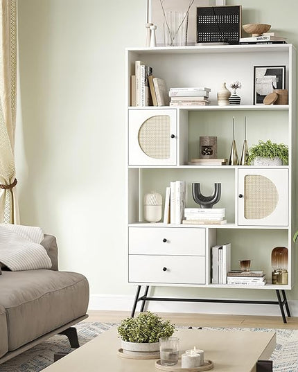 Soohow 4 Shelf Bookcase and Bookshelves with Drawer, 65” Tall Bookcases with Storage Shelves, Bookshelves and Bookcases with Rattan Cabinet and Metal Legs for Home Office, Living Room and Bedroom. - LeafyLoom