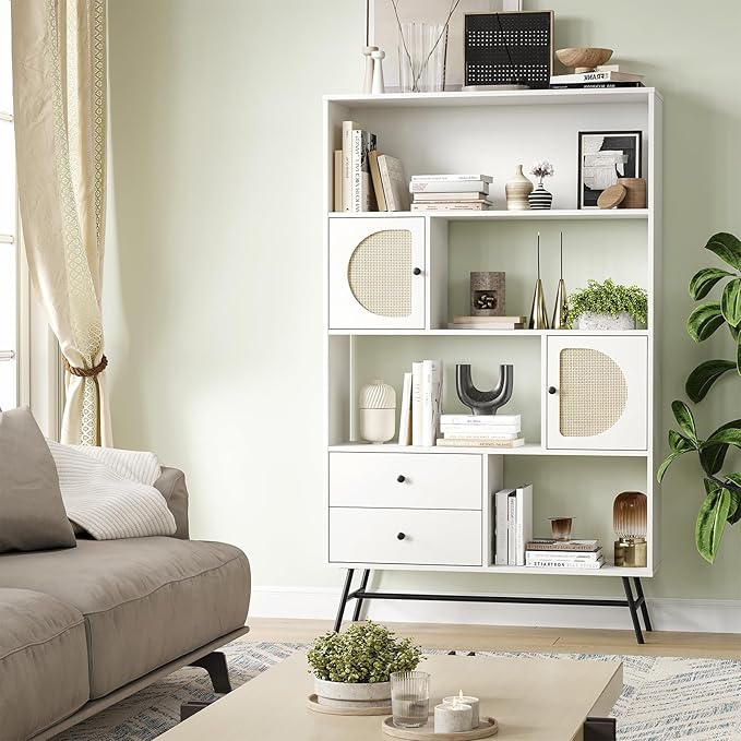Soohow 4 Shelf Bookcase and Bookshelves with Drawer, 65” Tall Bookcases with Storage Shelves, Bookshelves and Bookcases with Rattan Cabinet and Metal Legs for Home Office, Living Room and Bedroom. - LeafyLoom