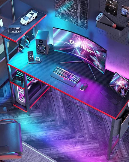 Bestier Gaming Desk with LED Lights, Computer Desk with 4 Tiers Reversible Shelves, 51.3 Inch gamer desk with Side Storage Bag, Hooks and Height Adjustable Shelf (Black Carbon Fiber) - LeafyLoom