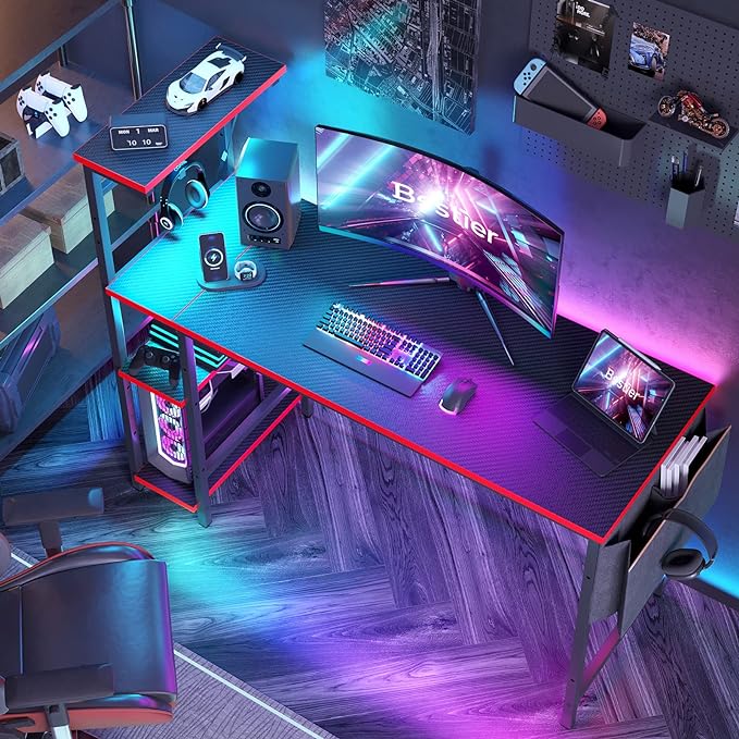 Bestier Gaming Desk with LED Lights, Computer Desk with 4 Tiers Reversible Shelves, 51.3 Inch gamer desk with Side Storage Bag, Hooks and Height Adjustable Shelf (Black Carbon Fiber) - LeafyLoom