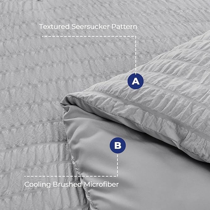 HYMOKEGE Seersucker Comforter Set Full Size 3 Pieces, Lightweight Comforter Sets for Bedding, Bed Set with 1 All Season Soft Down Alternative Comforter and 2 Pillow Shams, Light Grey - LeafyLoom