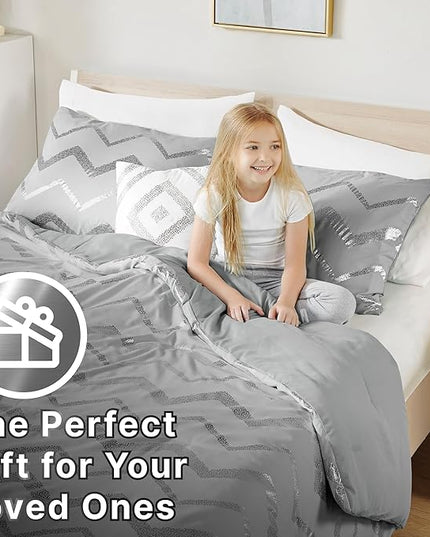 Codi Ziggy Metallic Grey Comforter Set Twin/Twin XL Size, Silver Bedroom Decor for Girls Room, 3 Piece Bedding Sets (2 Matching Sham + 1 Decorative Pillow) - LeafyLoom