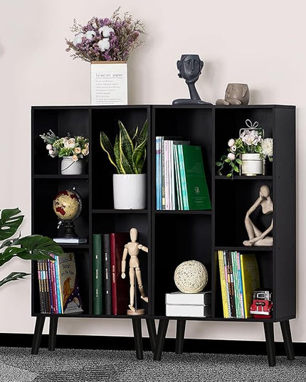 YAHARBO Small Black Narrow Bookshelf,3 Tier Modern Bookcase with Legs,Bookshelves Wood Storage Shelf,Rustic Book Shelves Cube Organizer,Display Bookcase - LeafyLoom