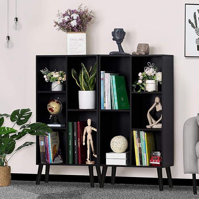 YAHARBO Small Black Narrow Bookshelf,3 Tier Modern Bookcase with Legs,Bookshelves Wood Storage Shelf,Rustic Book Shelves Cube Organizer,Display Bookcase - LeafyLoom