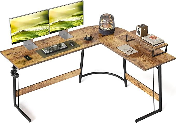 BANTI L Shaped Gaming Computer Office Desk, 59" Corner Desk with Monitor Stand for Home Office Study Writing Workstation, Rustic Brown - LeafyLoom