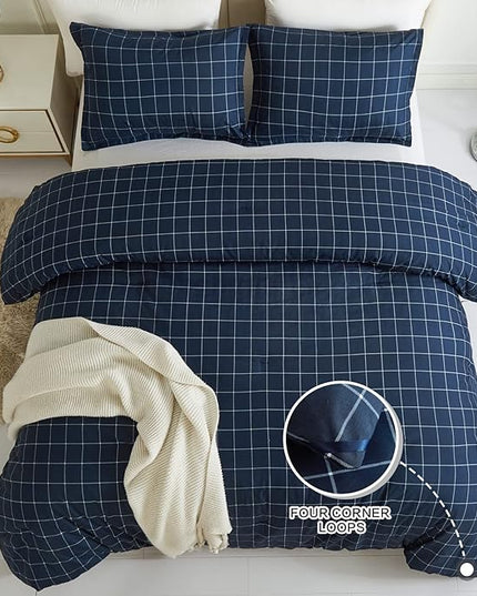 Andency Navy Grid Comforter Set Full Size (79x90 Inch), 3 Pieces(1 Grid Comforter and 2 Pillowcases), Summer Lightweight Microfiber Down Alternative Navy Comforter with White Lines - LeafyLoom