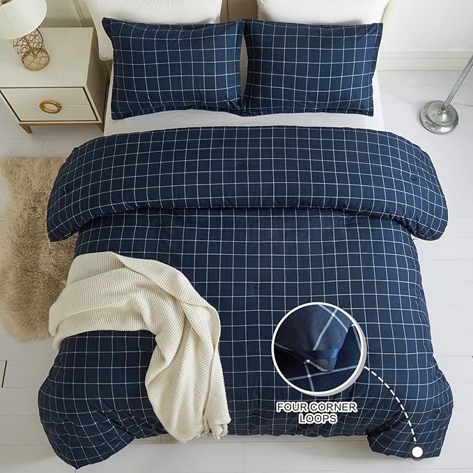 Andency Navy Grid Comforter Set Full Size (79x90 Inch), 3 Pieces(1 Grid Comforter and 2 Pillowcases), Summer Lightweight Microfiber Down Alternative Navy Comforter with White Lines - LeafyLoom