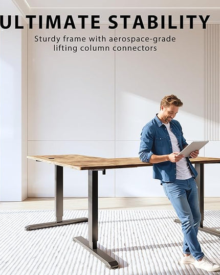 L-Shaped Electric Standing Desk, 63 x 55 Inches Height Adjustable Coner Table, Home Office Computer Workstation, Rustic Brown, 63 x 55 Inch - LeafyLoom