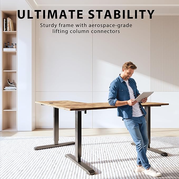 L-Shaped Electric Standing Desk, 63 x 48 Inches Height Adjustable Coner Table, Home Office Computer Workstation, Rustic Brown, 63 x 48 Inch - LeafyLoom