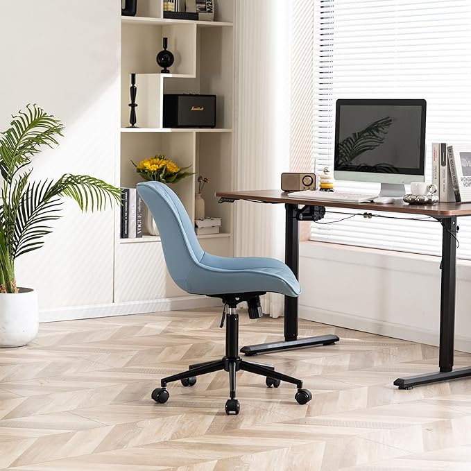 YOUNIKE Desk Chair with Wheels Armless Office Chair Swivel Rolling Task Chair with Back Upholstered Faux Leather Computer Chair Height Adjustable Modern Ergonomic Seat, Loads 300 lbs, Blue - LeafyLoom