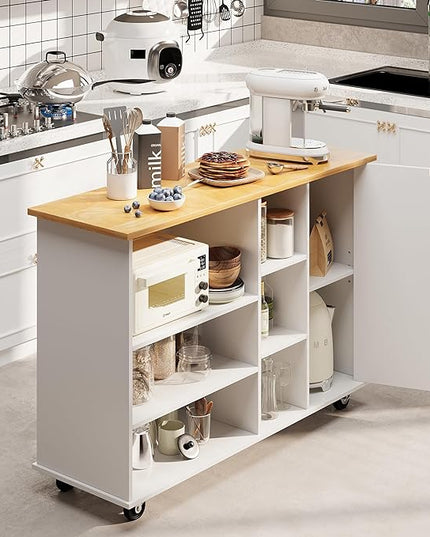 Shintenchi 47”W Kitchen Storage Island Cart with 6 Open Shelves and 1 Cabinet, Portable Trolley Cart with Wood Work Top and Handle/Towel Rack, White - LeafyLoom