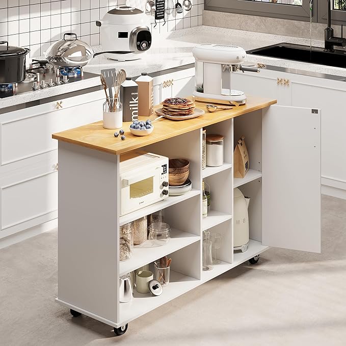 Shintenchi 47”W Kitchen Storage Island Cart with 6 Open Shelves and 1 Cabinet, Portable Trolley Cart with Wood Work Top and Handle/Towel Rack, White - LeafyLoom
