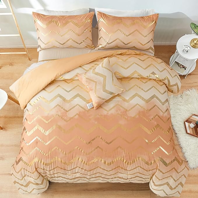 Ombre Beige Comforter Set Queen Size Girls Bedding Soft Microfiber Comforter for Kids Teen Women,4 Pieces (1 Comforter,2 Pillowcase,1 Decorative Pillow Sham) - LeafyLoom