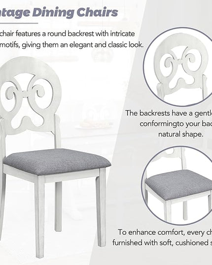 Mid-Century Trestle Victorian Round Upholstered 4 Chairs and Long Bench, Easy Assembly and Clean, Rubber Wood, Room, 6 Piece Dining Table Set, Antique White 1 - LeafyLoom